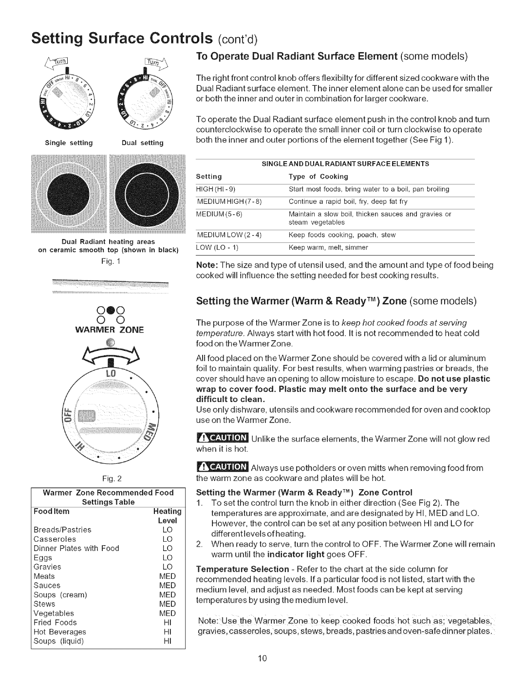 Kenmore 790.9613, 790.9612, 790.9611 Setting Surface Controls contd, To Operate Dual Radiant Surface Element some models 