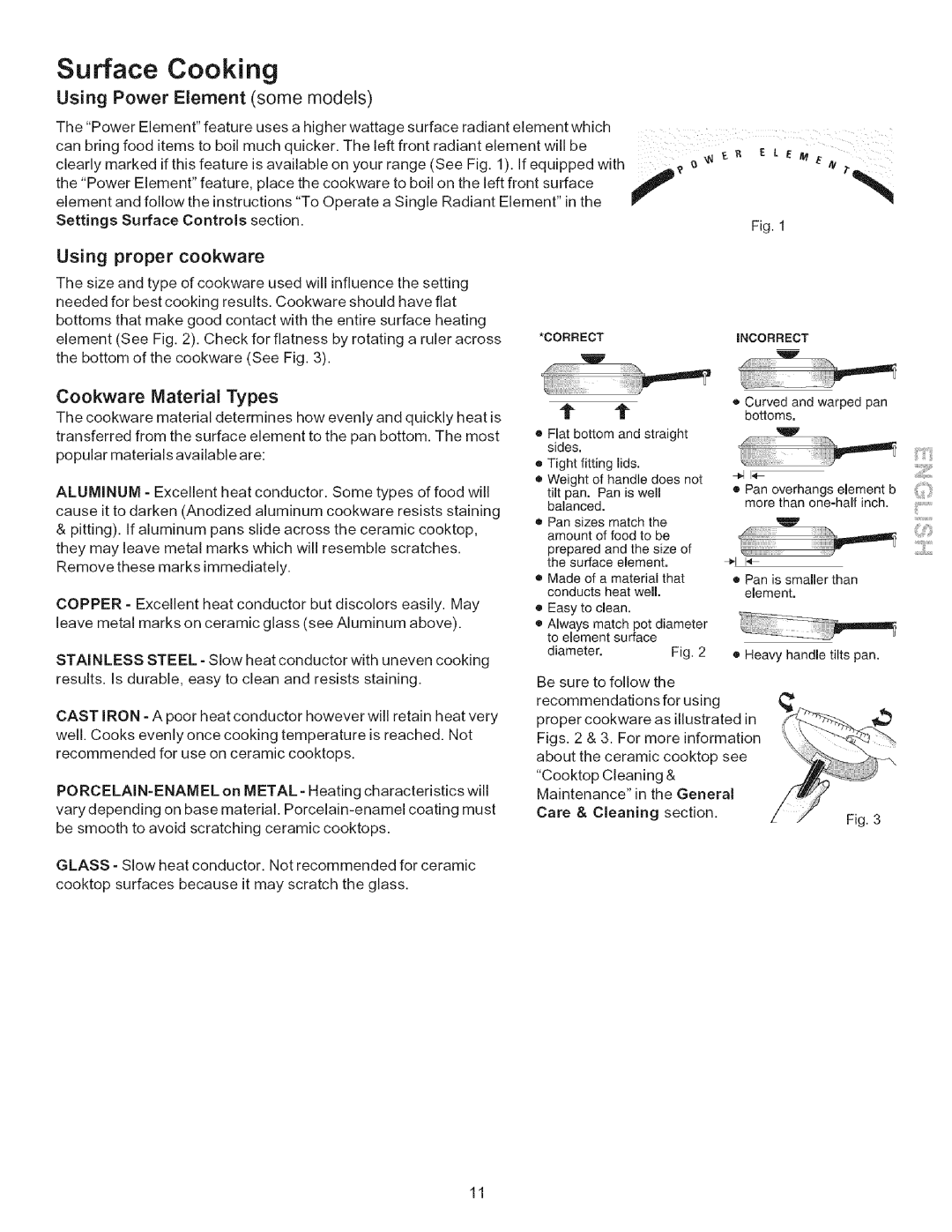 Kenmore 790.9612 manual Surface Cooking, Using Power Element some models, Using proper cookware, Cookware Material Types 