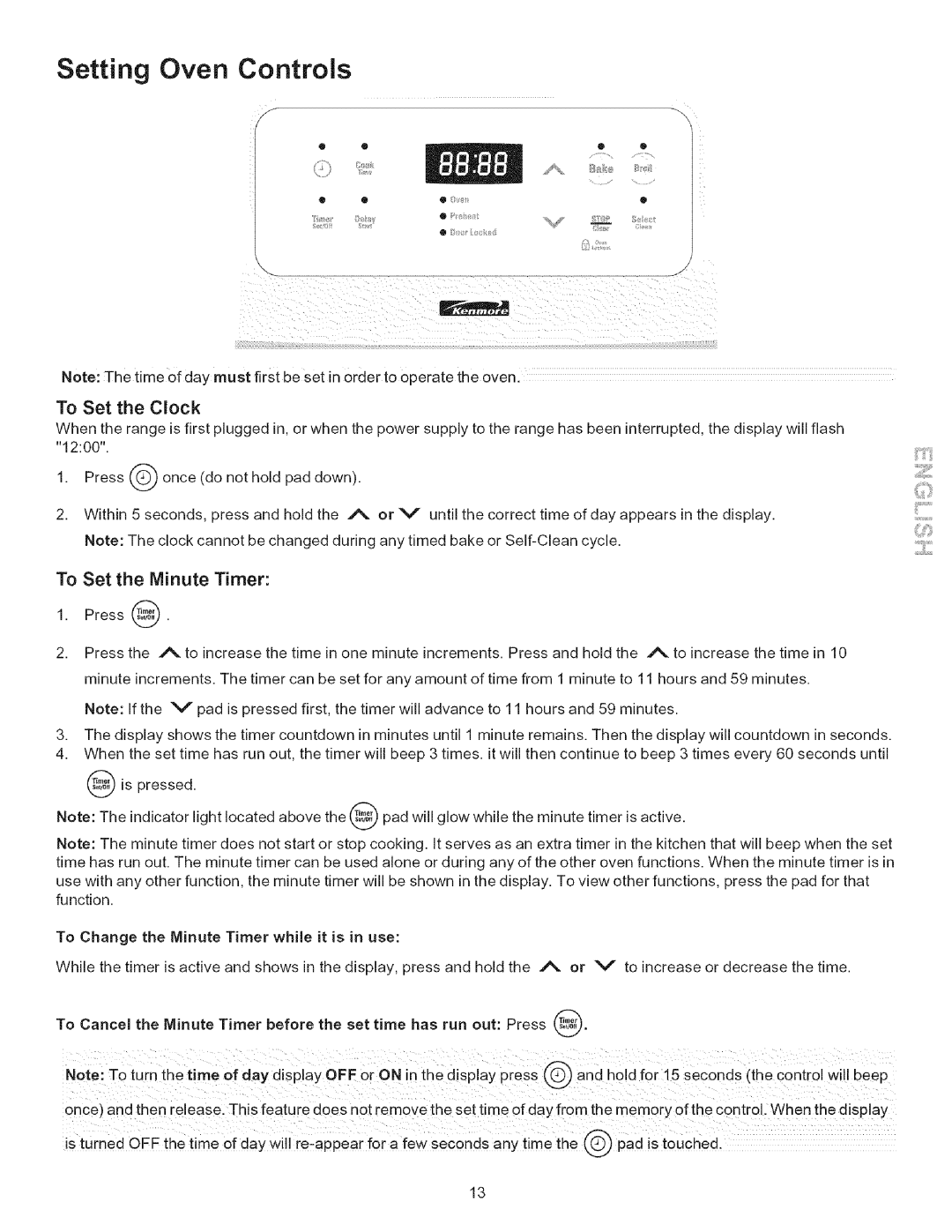 Kenmore 790.9433, 790.9613, 790.9612, 790.9611, 790.9434 Setting Oven Controls, To Set the Clock, To Set the Minute Timer 