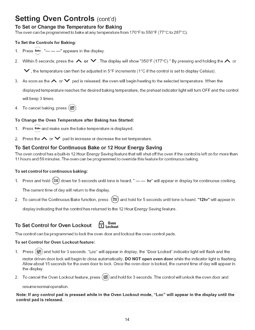 Kenmore 790.9434, 790.9613, 790.9612, 790.9611, 790.9433 manual Setting Oven Controls contd, For, Lockout 