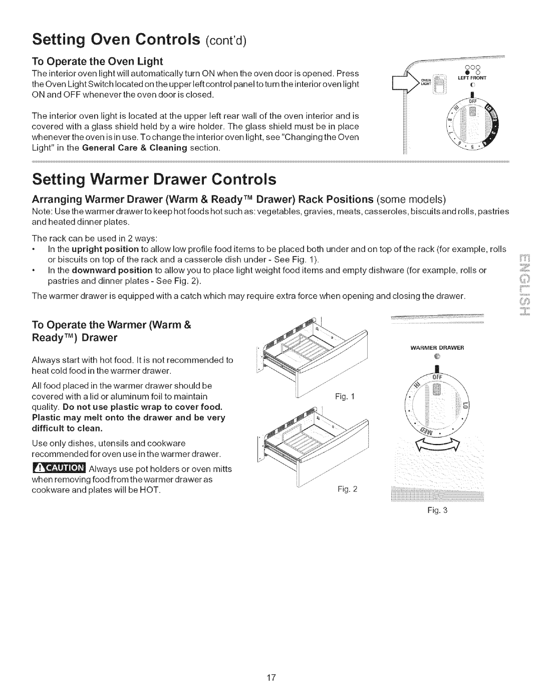 Kenmore 790.9611 Setting Warmer Drawer Controls, To Operate the Oven Light, To Operate the Warmer Warm & Ready TM Drawer 