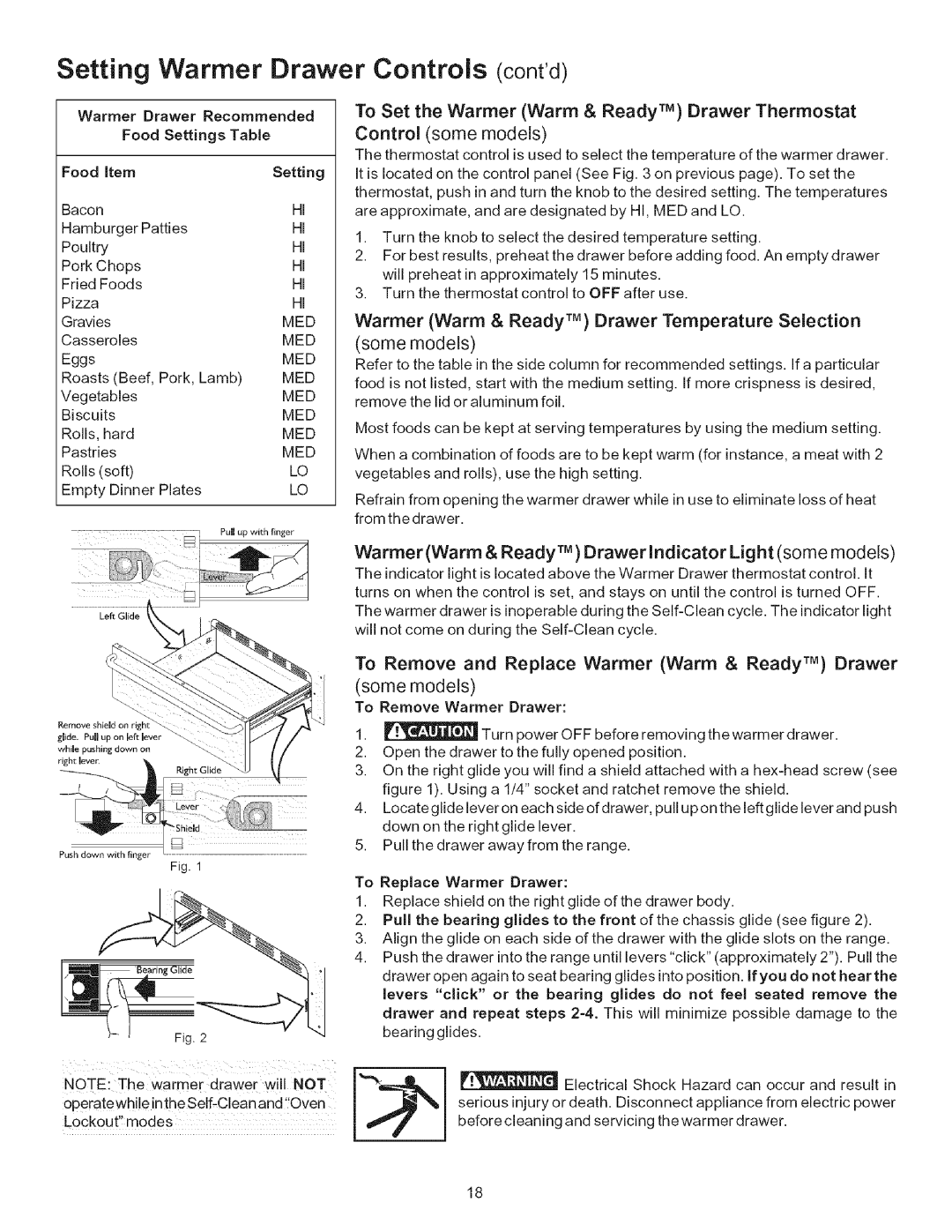 Kenmore 790.9433, 790.9613 Setting Warmer Drawer Controls contd, Warmer Warm & Ready TM Drawer Indicator Light some models 