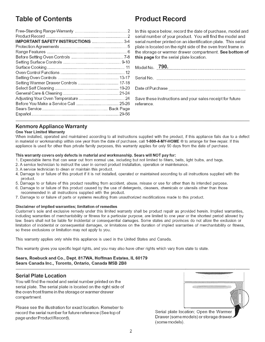 Kenmore 790.9611, 790.9613, 790.9612, 790.9433, 790.9434 manual Table of Contents Product Record 