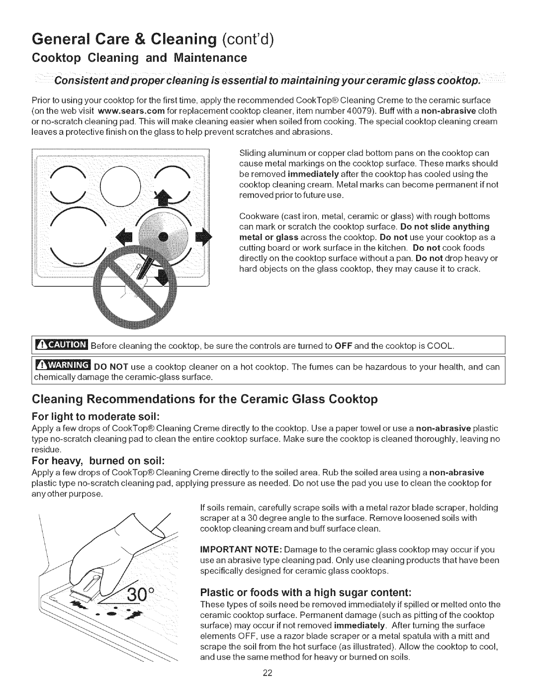 Kenmore 790.9611, 790.9613, 790.9612 General Care & Cleaning contd, For light to moderate soil, For heavy, burned on soil 