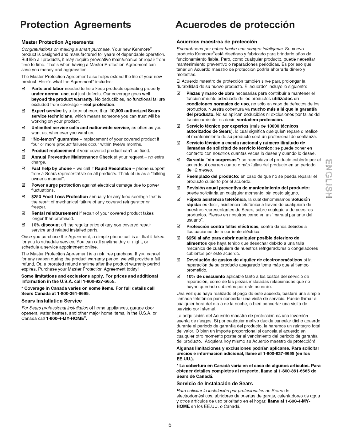 Kenmore 790.9613, 790.9612, 790.9611, 790.9433 Protection Agreements Acuerodes de protecci6n, Master Protection Agreements 