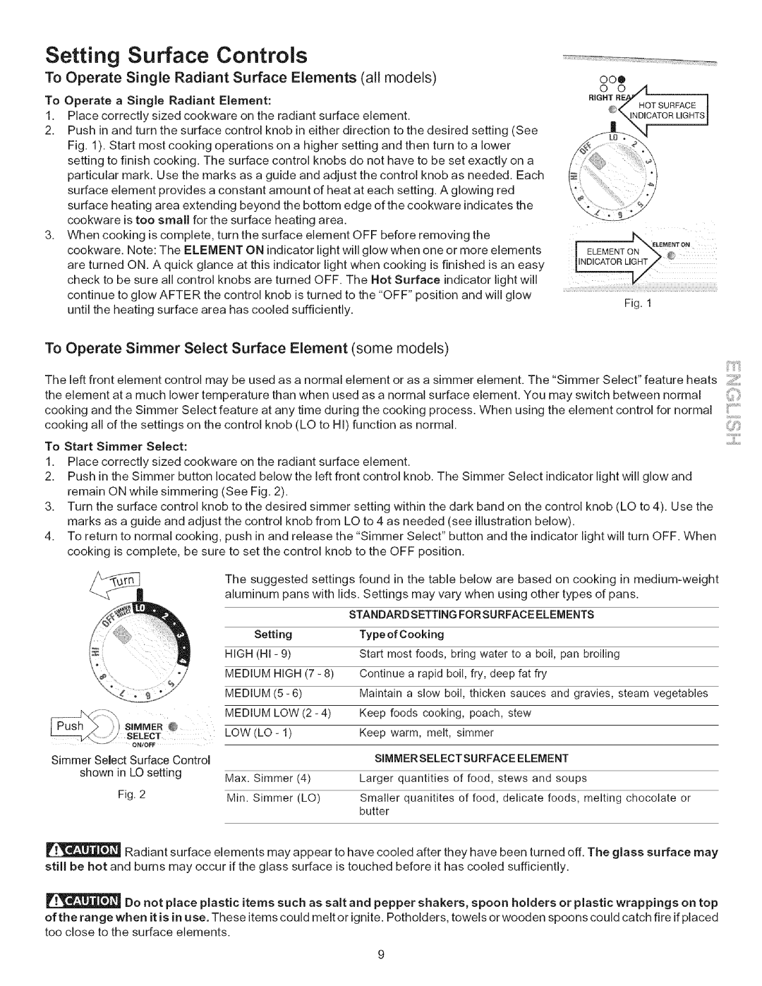 Kenmore 790.9434, 790.9613, 790.9612 manual Setting Surface Controls, To Operate Single Radiant Surface Elements all models 