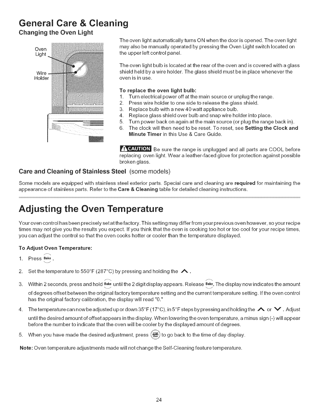Kenmore 790.9434, 790.9613, 790.9612 manual Adjusting the Oven Temperature, General Care & Cleani, Changing the Oven Light 