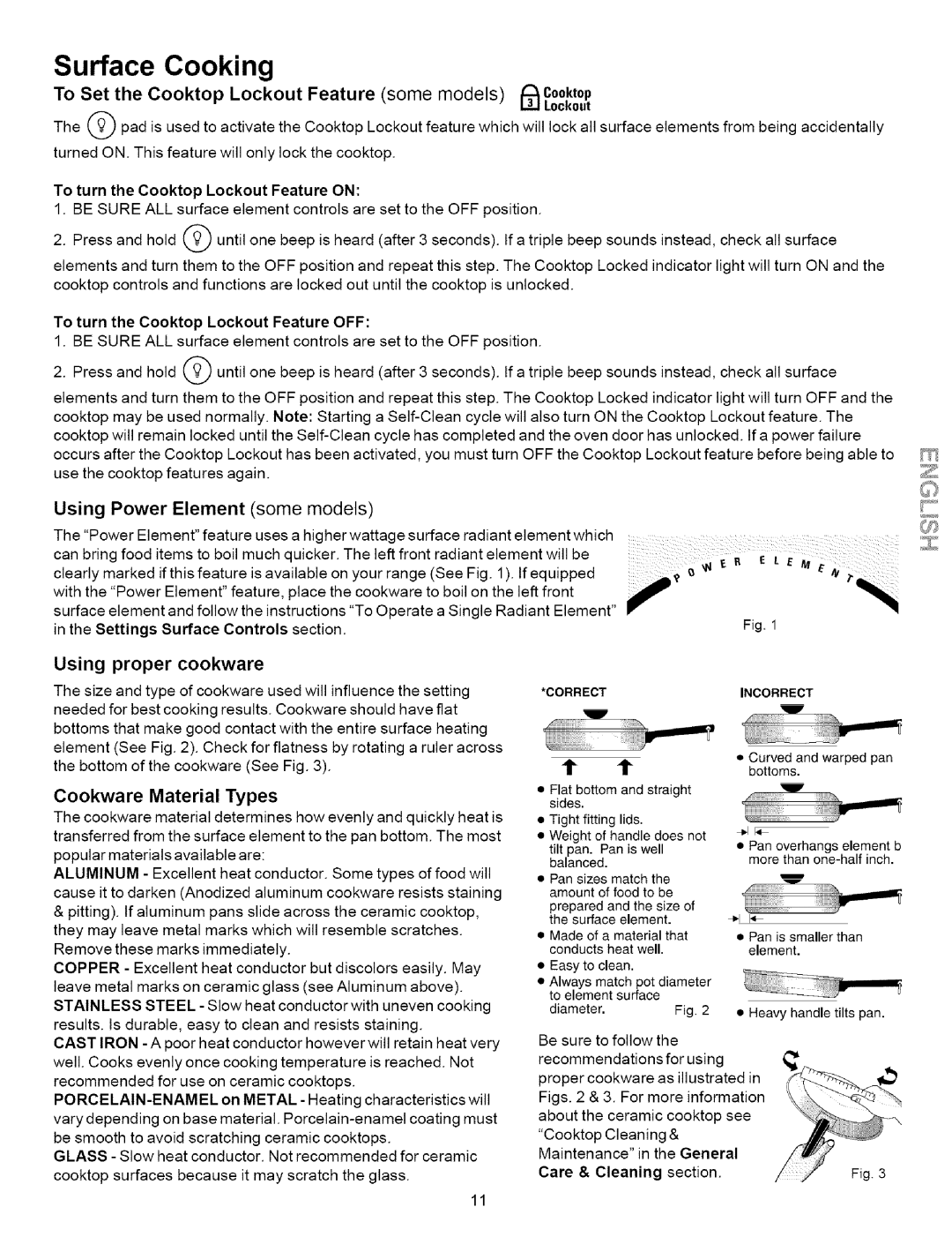 Kenmore 790.9621 manual Surface Cooking, To Set the Cooktop Lockout Feature some models / Cooktop, Using proper cookware 