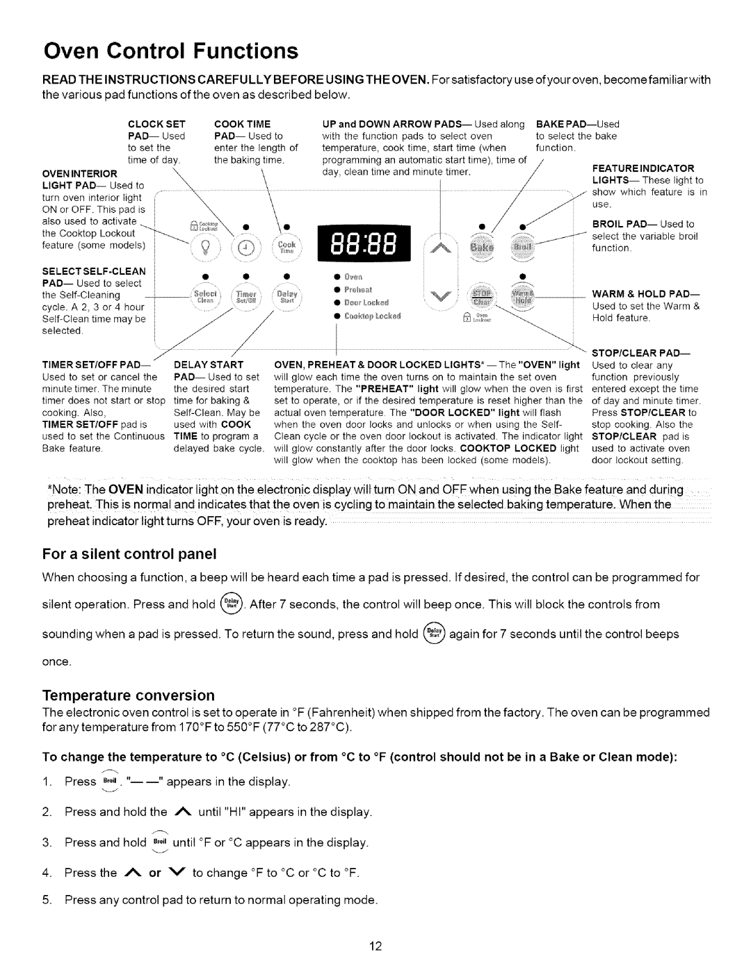 Kenmore 790.9623, 790.9631, 790.9622 Oven Control Functions, For a silent control panel, Temperature conversion, PAD-- Used 