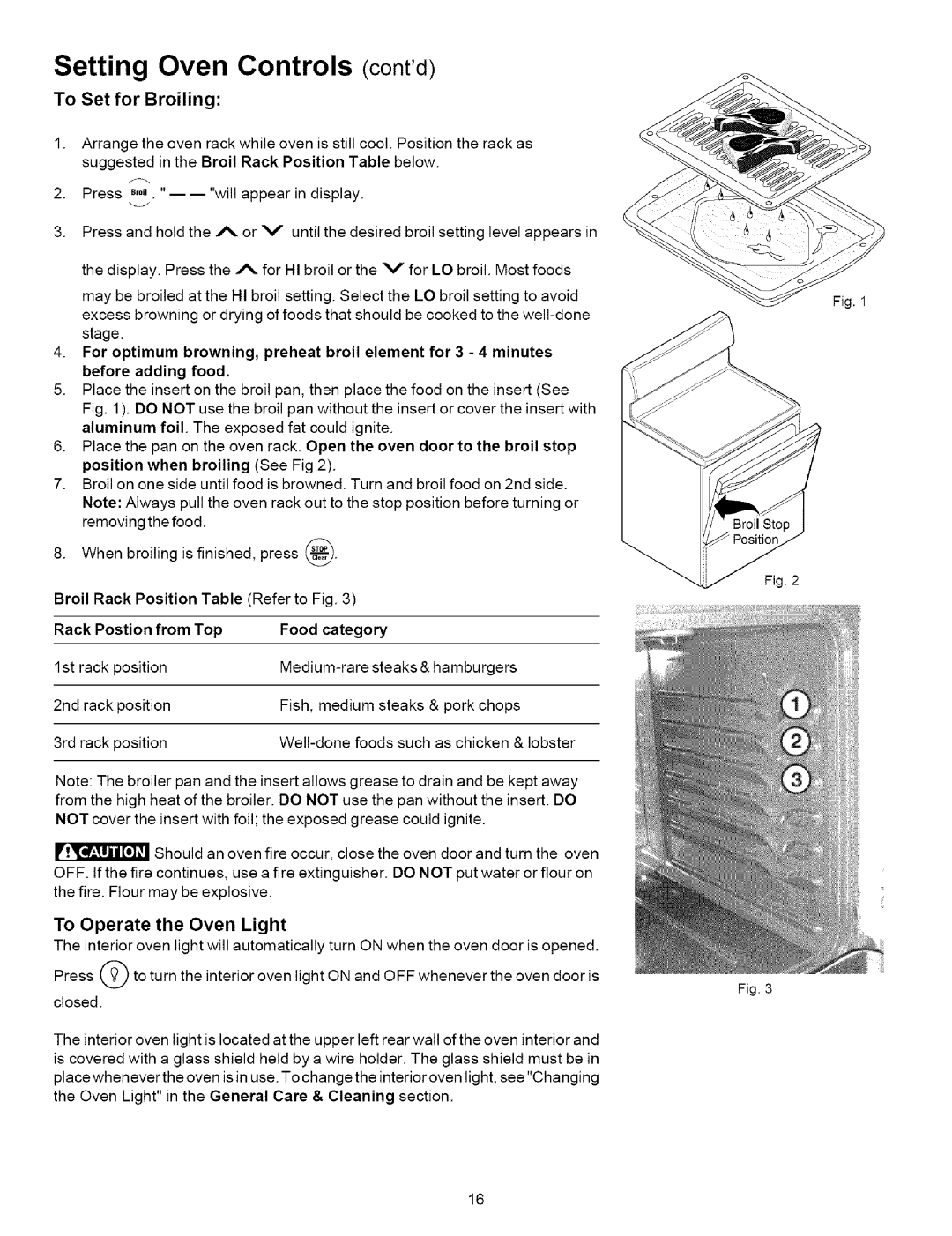 Kenmore 790.9632, 790.9631, 790.9622, 790.9621, 790.9623 manual To Set for Broiling, To Operate the Oven Light, Food category 