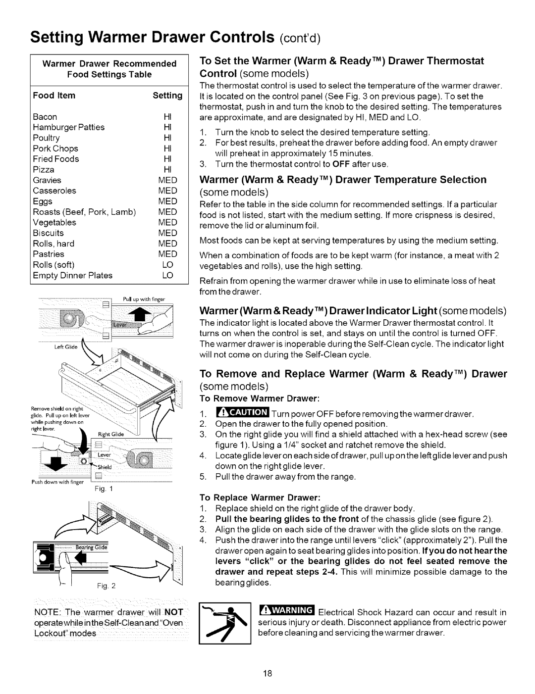 Kenmore 790.9631, 790.9622 Setting Warmer Drawer Controls contd, Warmer Warm & Ready TM Drawer Indicator Light some models 