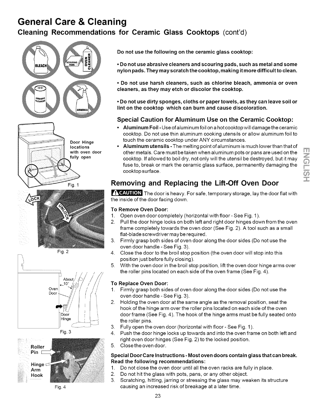 Kenmore 790.9642, 790.9631, 790.9622, 790.9621 Special Caution for Aluminum Use on the Ceramic Cooktop, To Replace Oven Door 