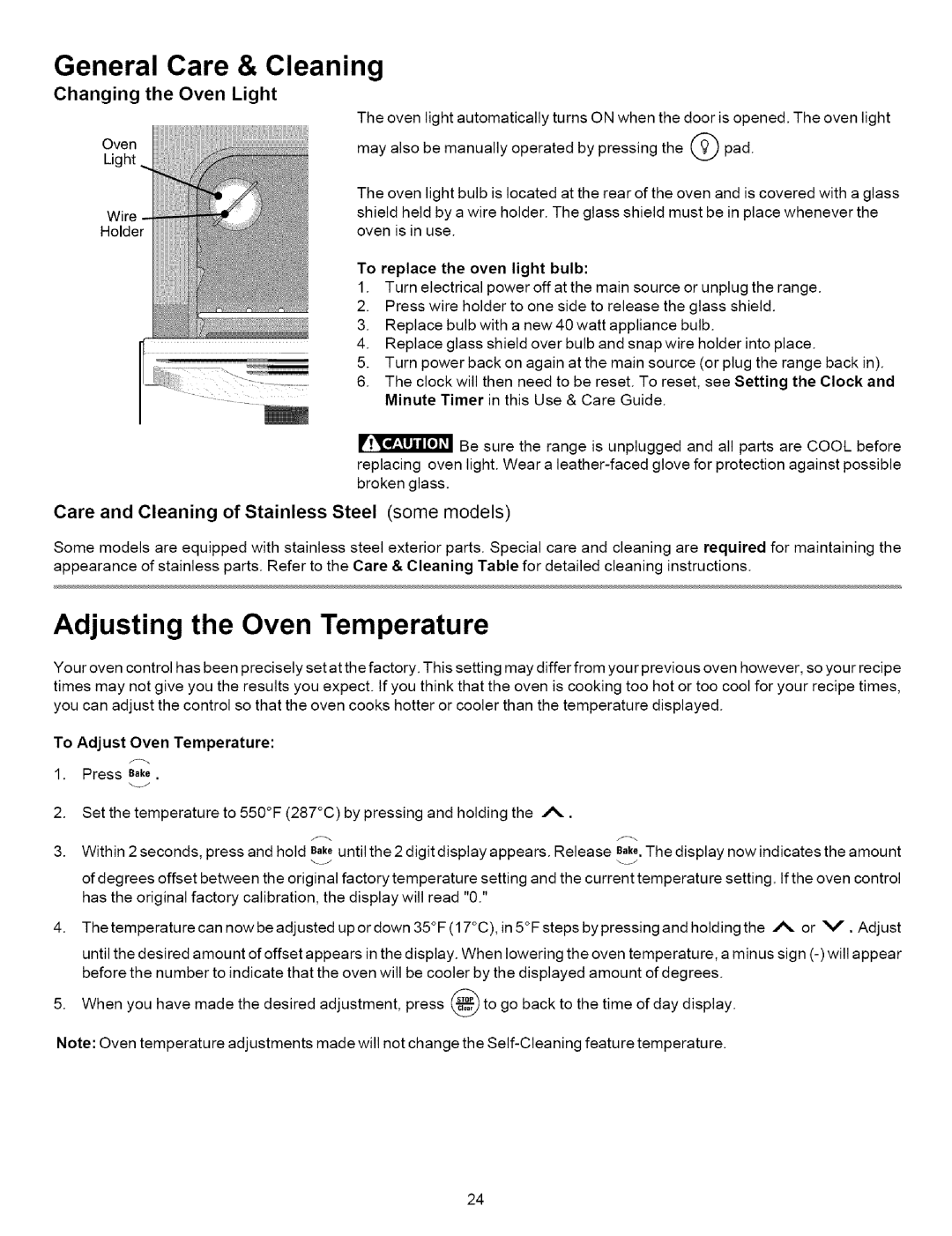 Kenmore 790.9633 Adjusting the Oven Temperature, Changing the Oven Light, Care and Cleaning of Stainless Steel some models 