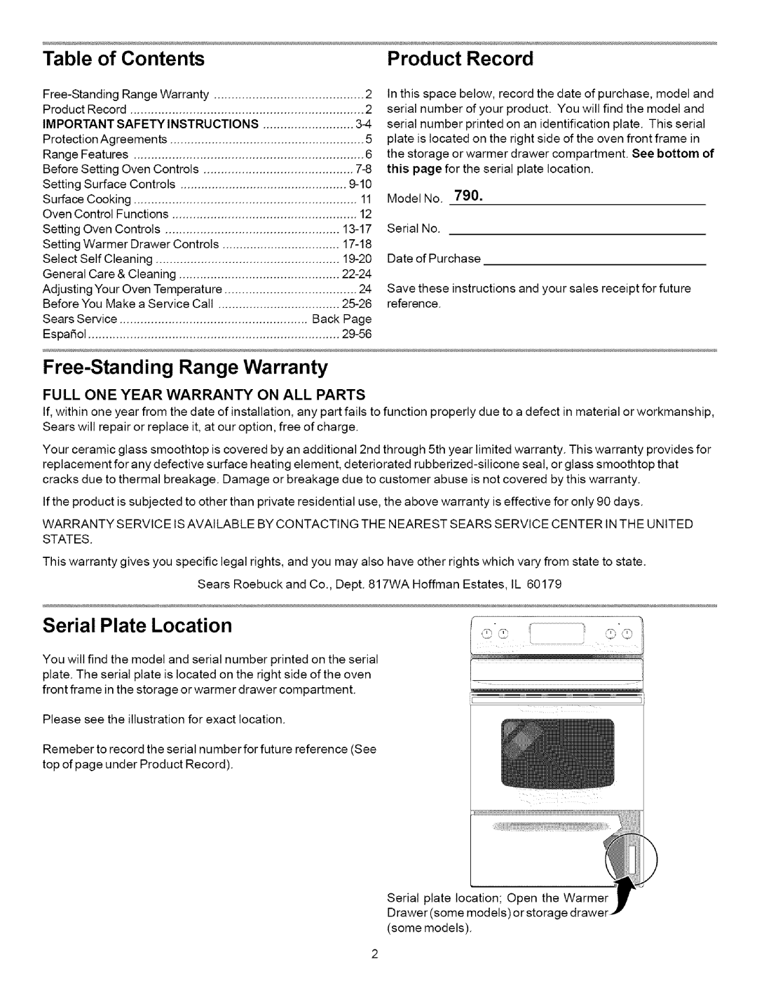 Kenmore 790.9621, 790.9631, 790.9622 Table of Contents, Product, Record, Free-StandingRange Warranty, Serial Plate Location 