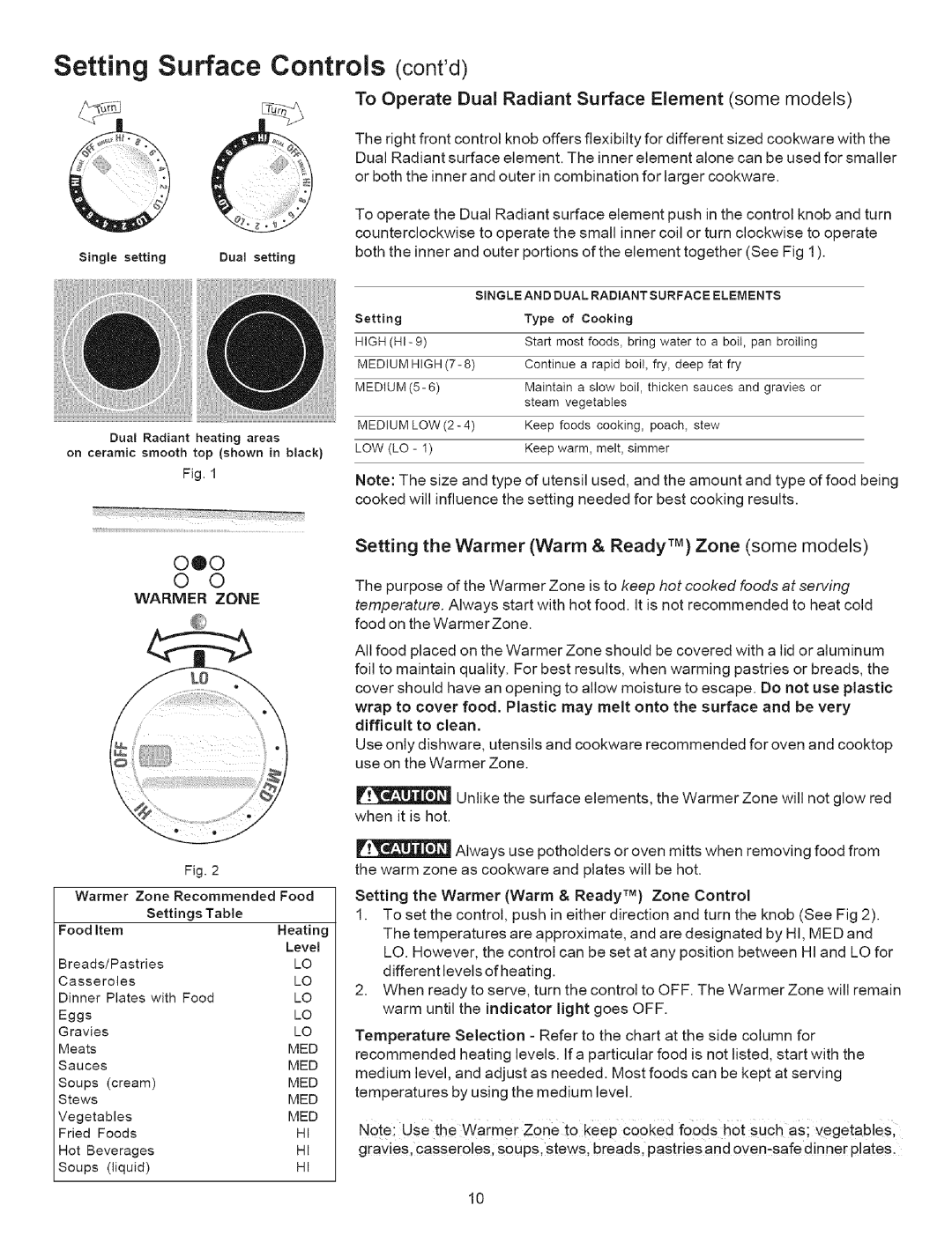 Kenmore 790.9634 manual Setting Surface Controls contd, To Operate Dual Radiant Surface Element some models 