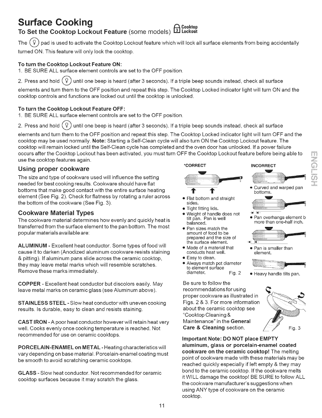 Kenmore 790.9634 Surface Cookingcook,o, To Set the Cooktop Lockout Feature some models/ LJLockout, Using proper cookware 