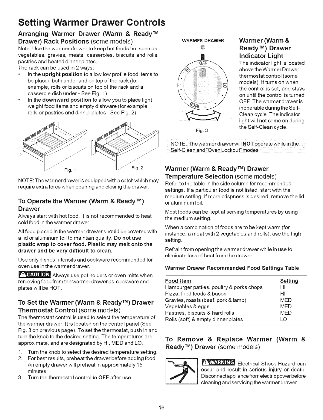 Kenmore 790.9634 manual Setting Warmer Drawer Controls 