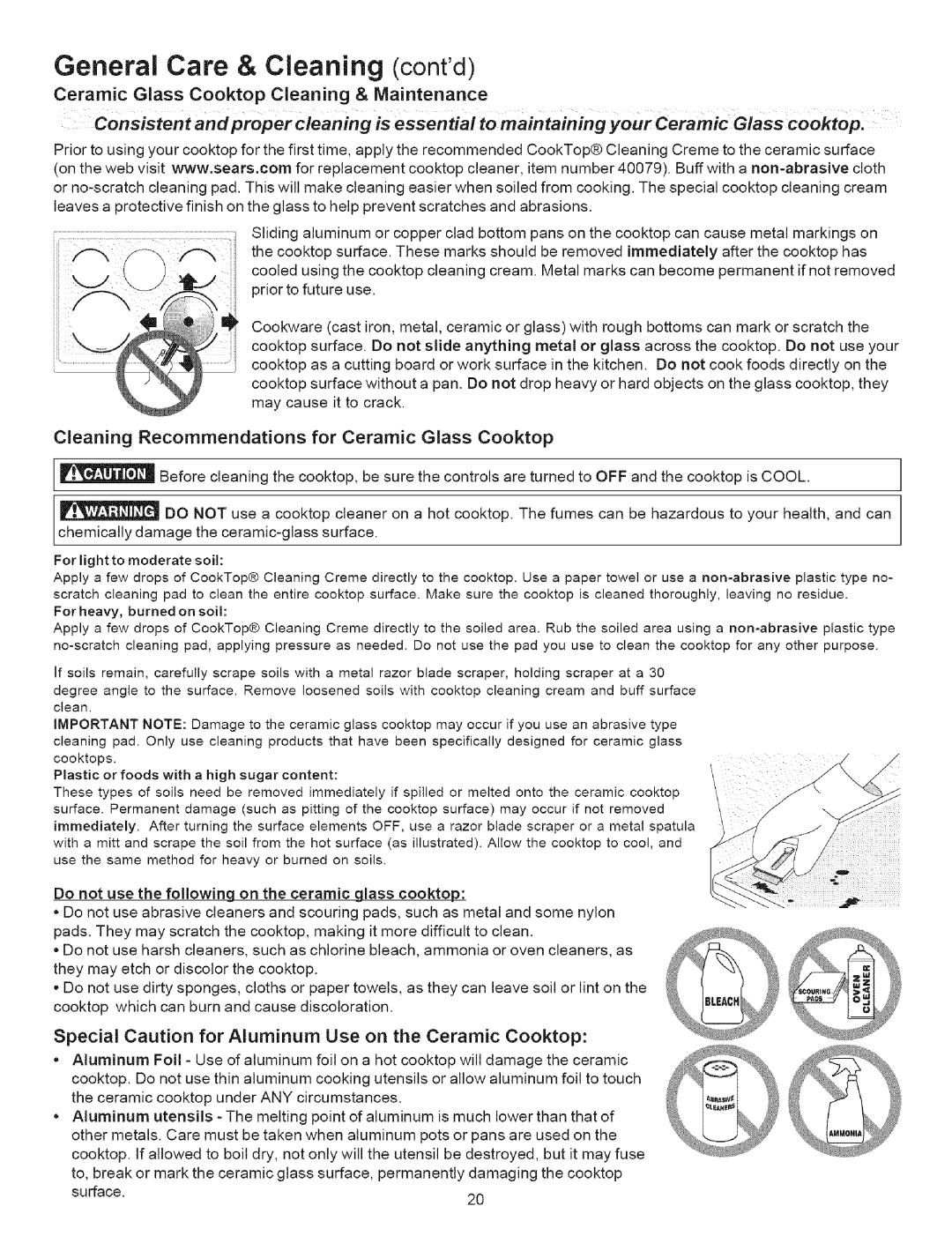 Kenmore 790.9634 manual General Care & Cleaning contd, Ceramic Glass Cooktop Cleaning & Maintenance 