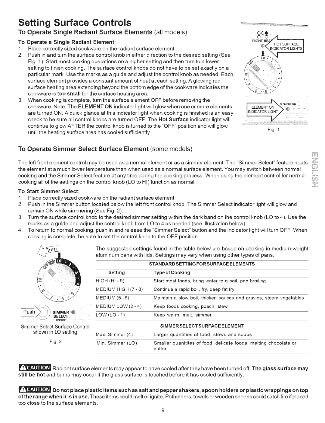 Kenmore 790.9634 manual Setting Surface Controls, To Operate Single Radiant Surface Elements all models 