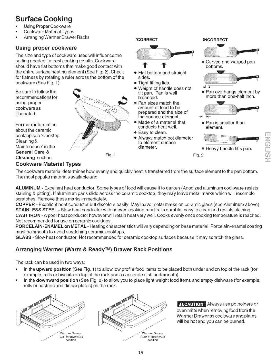 Kenmore 790.9659 manual Surface Cooking, Using proper cookware, Cookware Material Types 