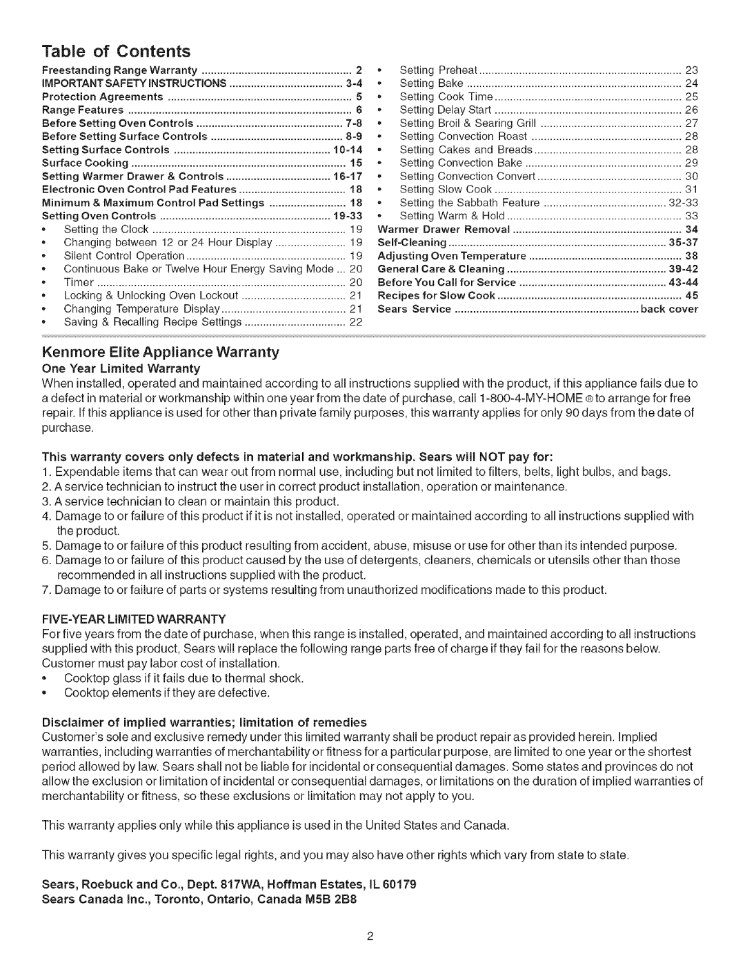 Kenmore 790.9659 manual Contents 