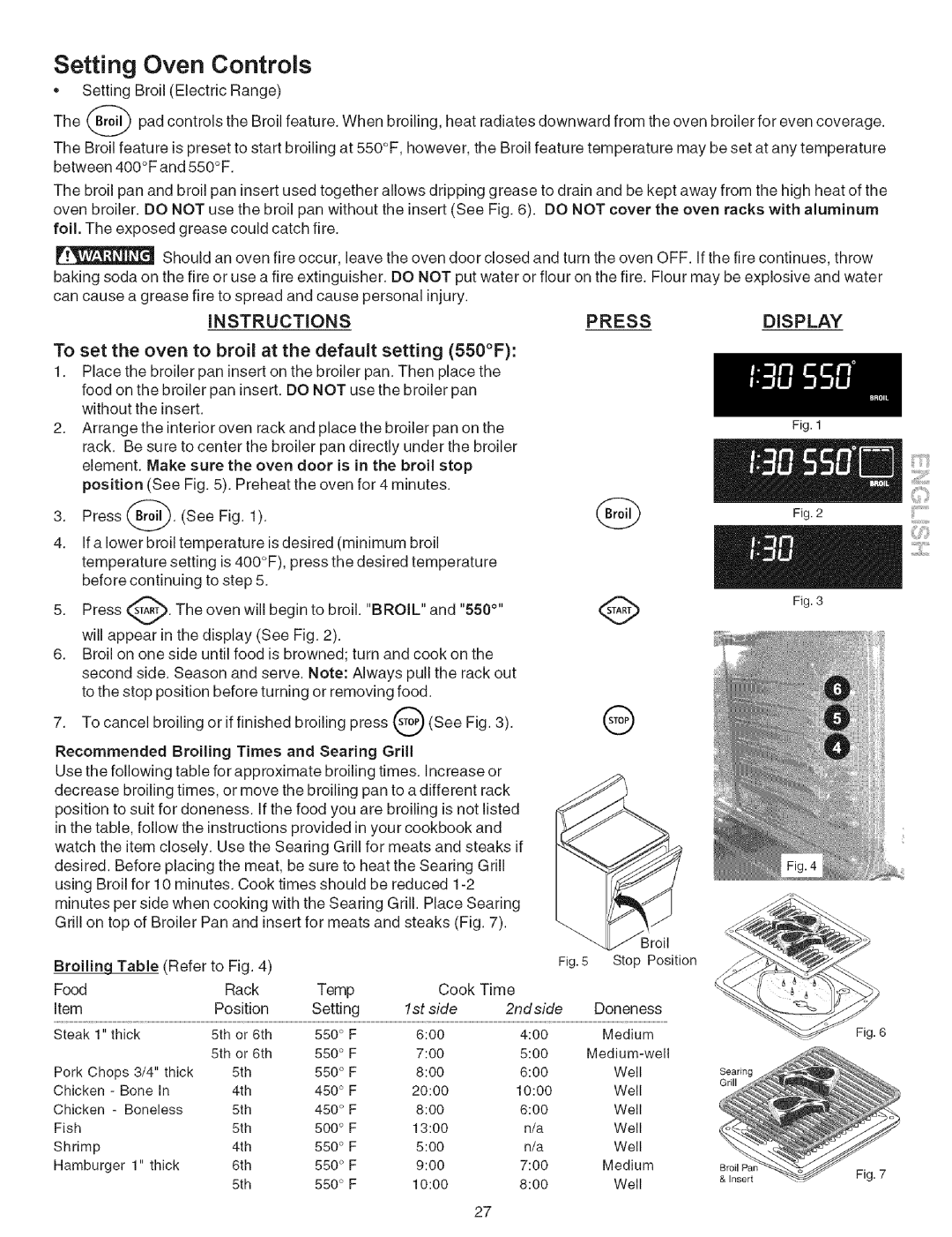 Kenmore 790.9659 manual To set the oven to broil at the default setting 550F, 1st side 