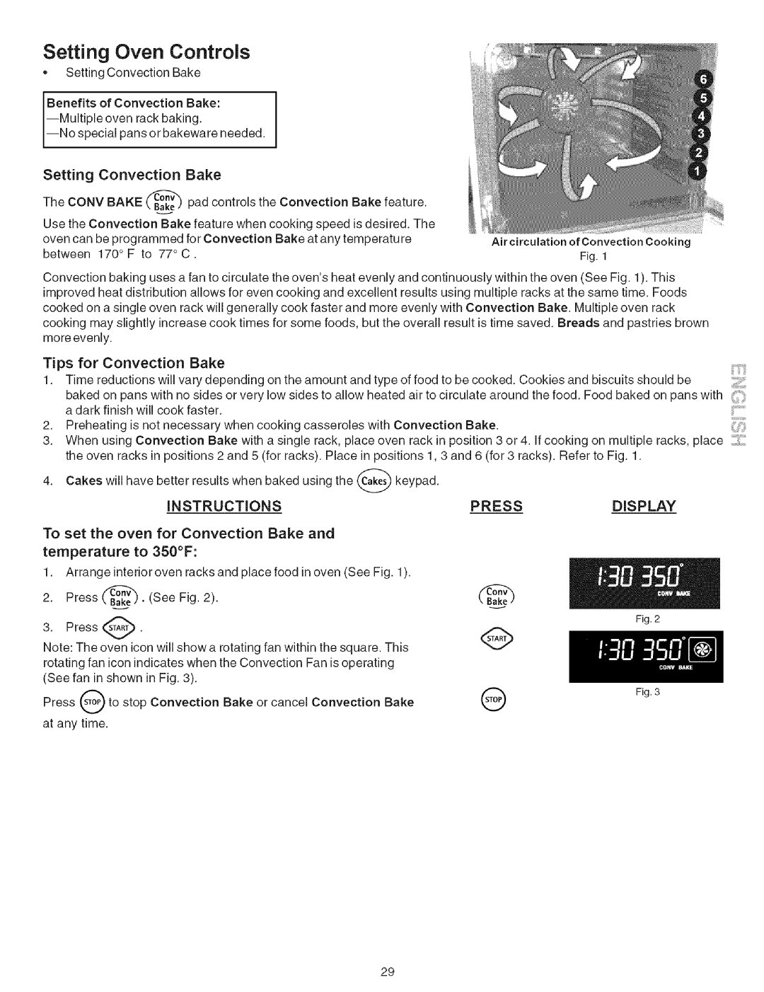 Kenmore 790.9659 manual Oven Controls, Setting Convection Bake, To set the oven for Convection Bake and temperature to 350F 