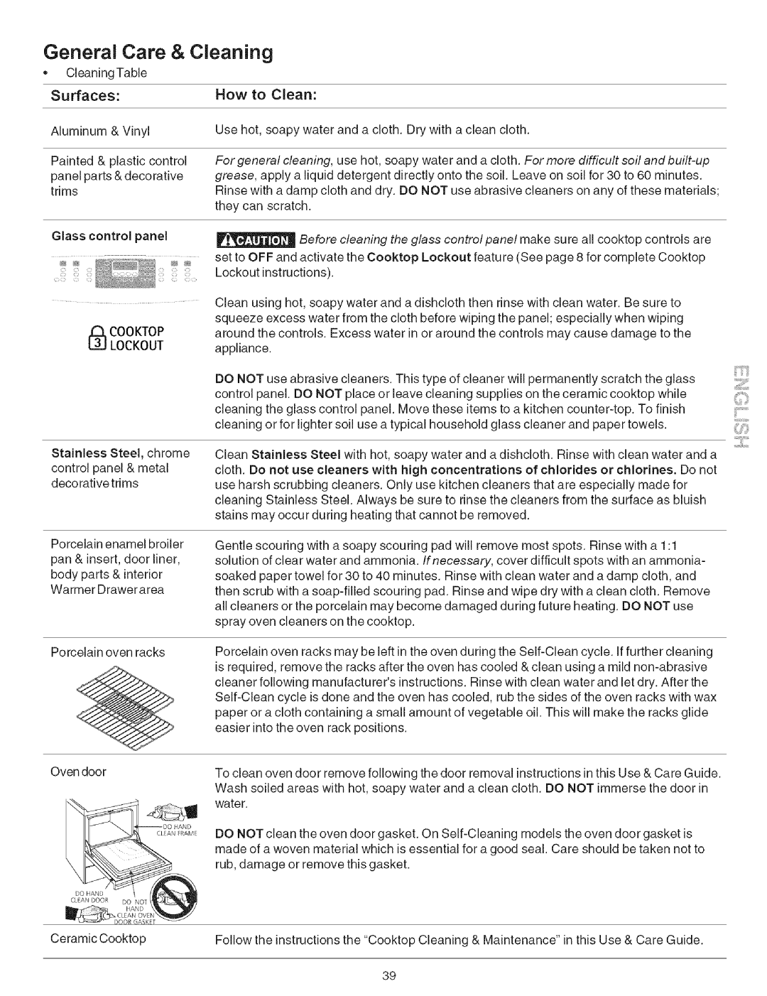 Kenmore 790.9659 manual General Care & Cleaning, Surfaces, How to Clean, Glass control panel 