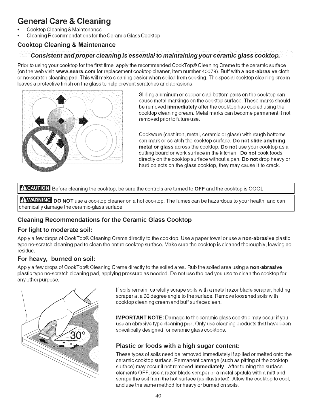 Kenmore 790.9659 manual Cooktop Cleaning & Maintenance, For heavy, burned on soil 