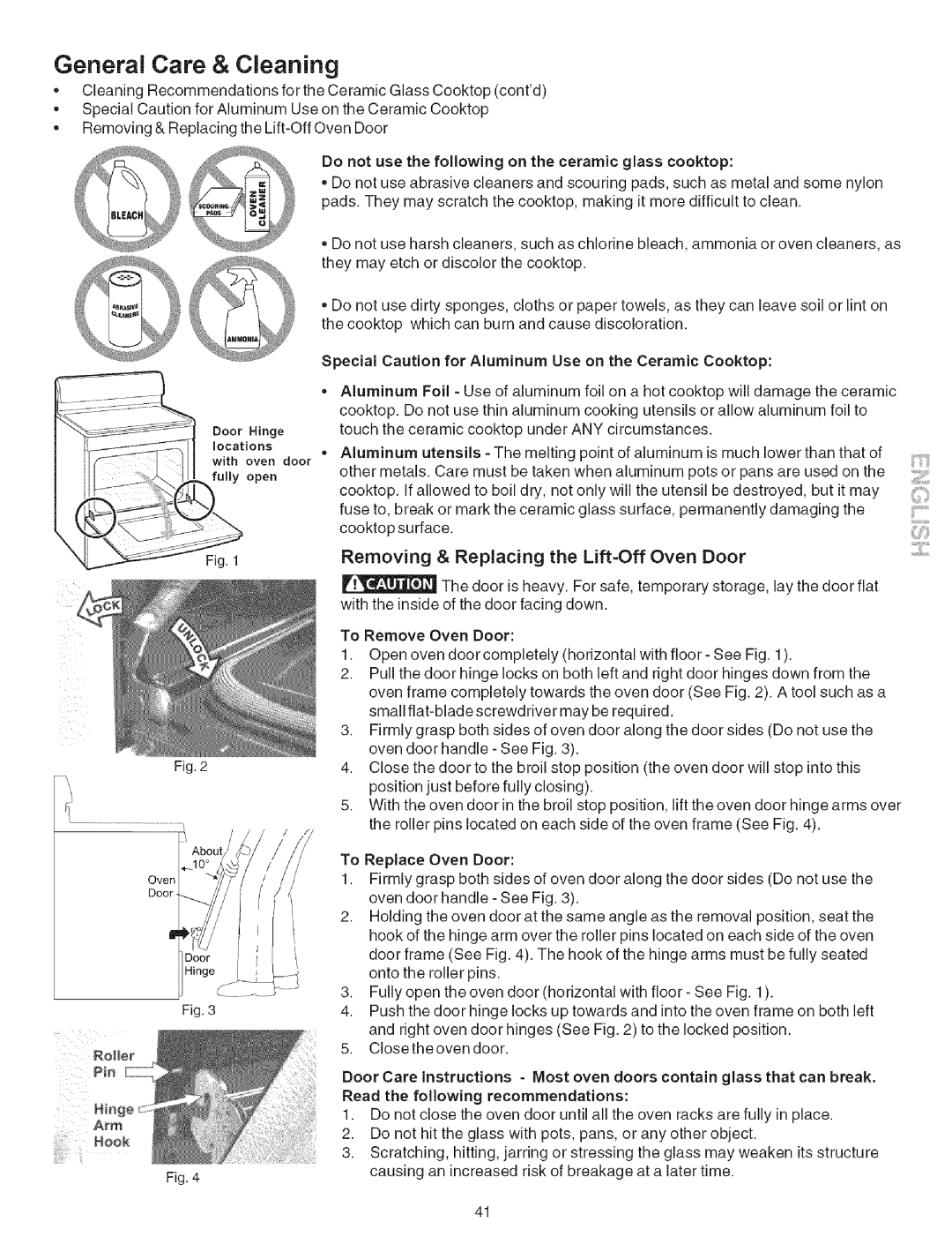 Kenmore 790.9659 Removing & Replacing the Lift=Off Oven Door, Special Caution for Aluminum Use on the Ceramic Cooktop 