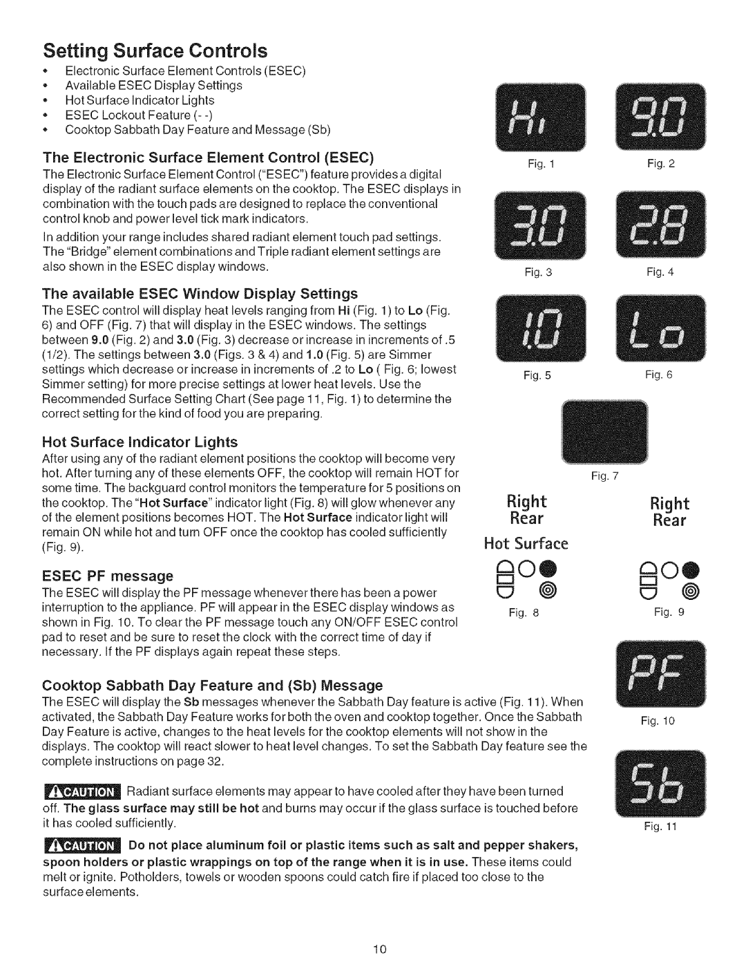 Kenmore 790.9659 manual Setting Surface Controls, Hot Surface, Cooktop Sabbath Day Feature and Sb Message 