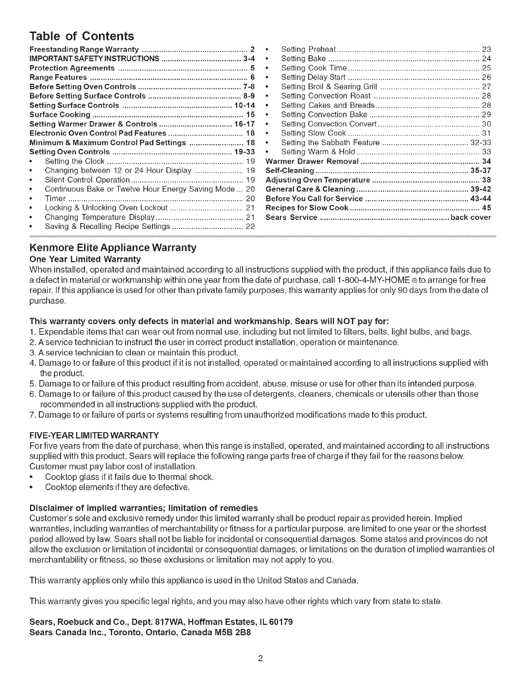 Kenmore 790.9659 manual Contents, Kenmore Elite Appliance Warranty 