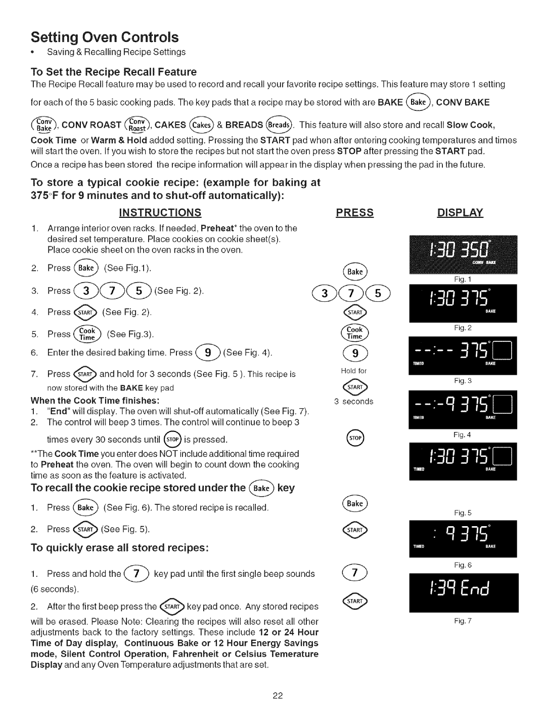 Kenmore 790.9659 manual Setting Oven Controls, To Set the Recipe Recall Feature, Instructions, Pressdisplay 
