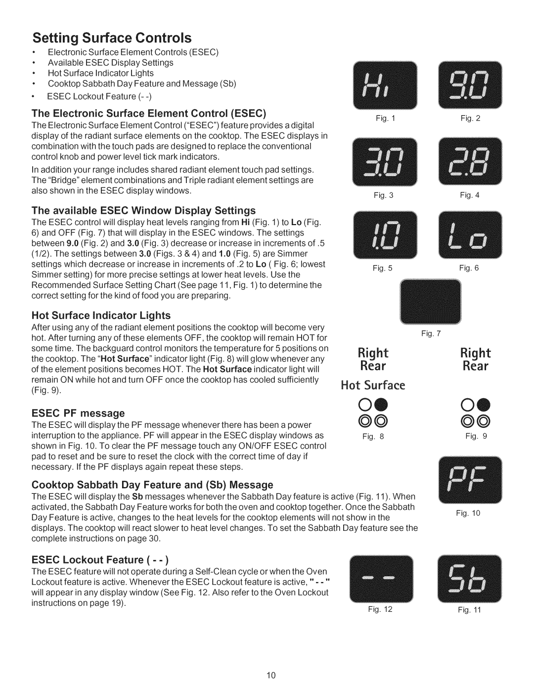 Kenmore 790.9662 manual Setting Surface Controls, Electronic Surface Element Control Esec, Esec PF message 