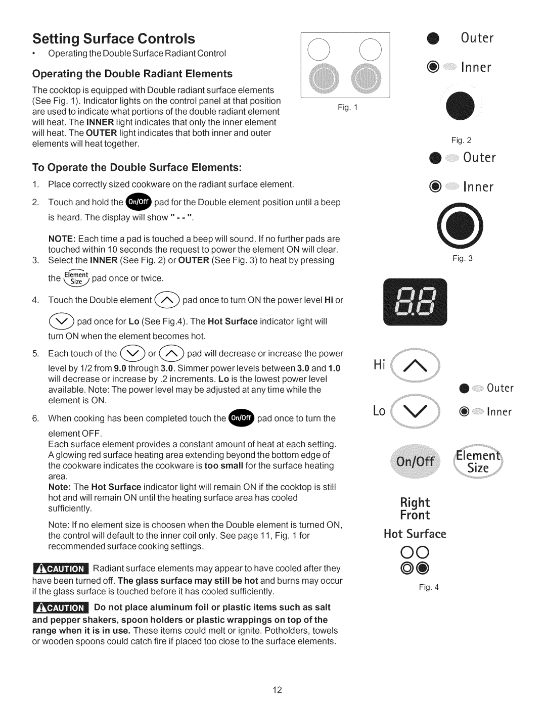 Kenmore 790.9662 manual Operating the Double Radiant Elements, To Operate the Double Surface Elements, Outer, Inner 