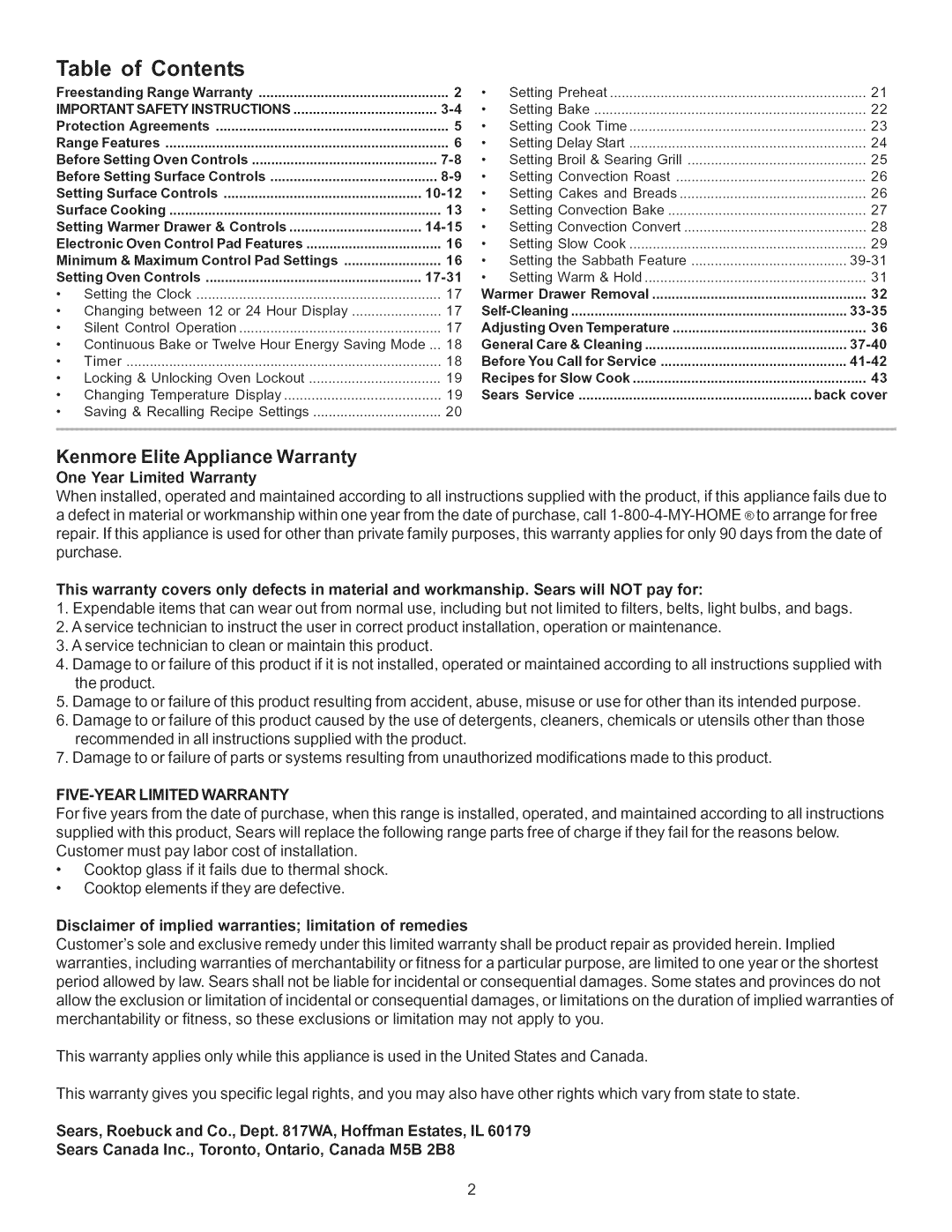 Kenmore 790.9662 manual Contents 