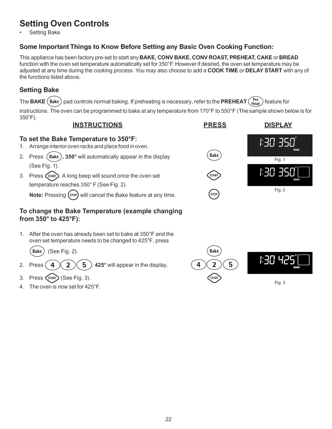 Kenmore 790.9662 manual Setting Bake, To set the Bake Temperature to 350F 