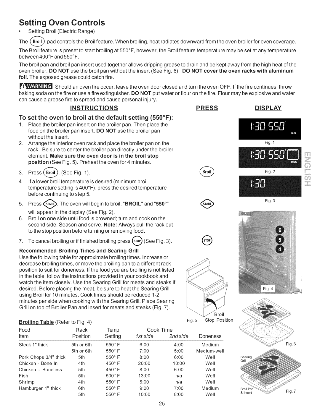 Kenmore 790.9662 manual To set the oven to broil at the default setting 550F, Recommended Broiling Times and Searing Grill 