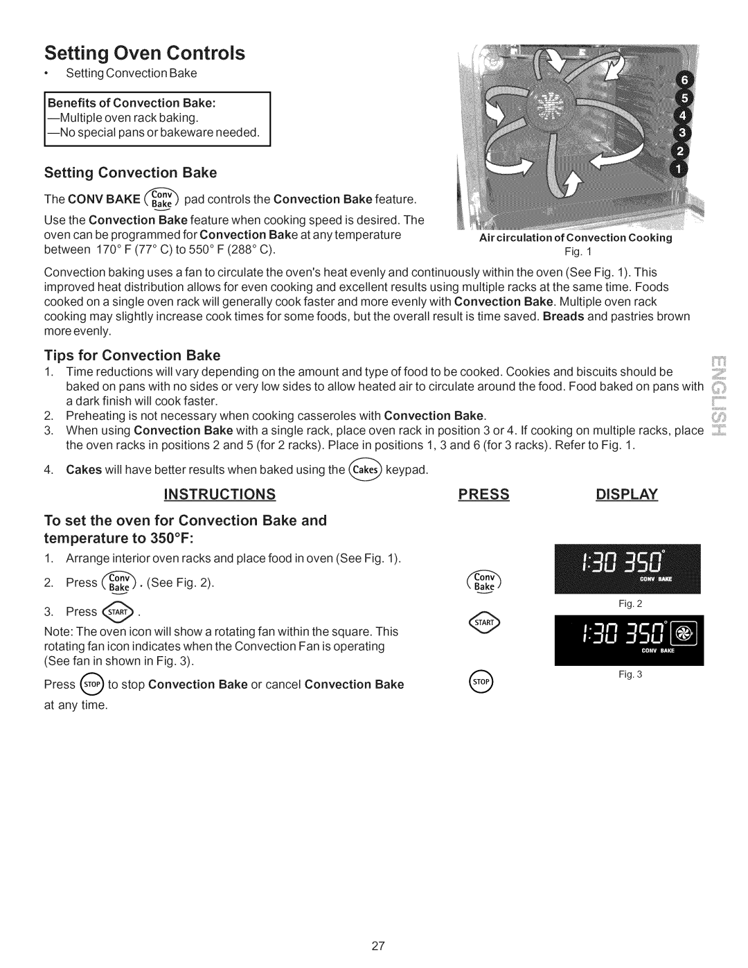 Kenmore 790.9662 Setting, Tips for Convection Bake, To set the oven for Convection Bake and temperature to 350F 