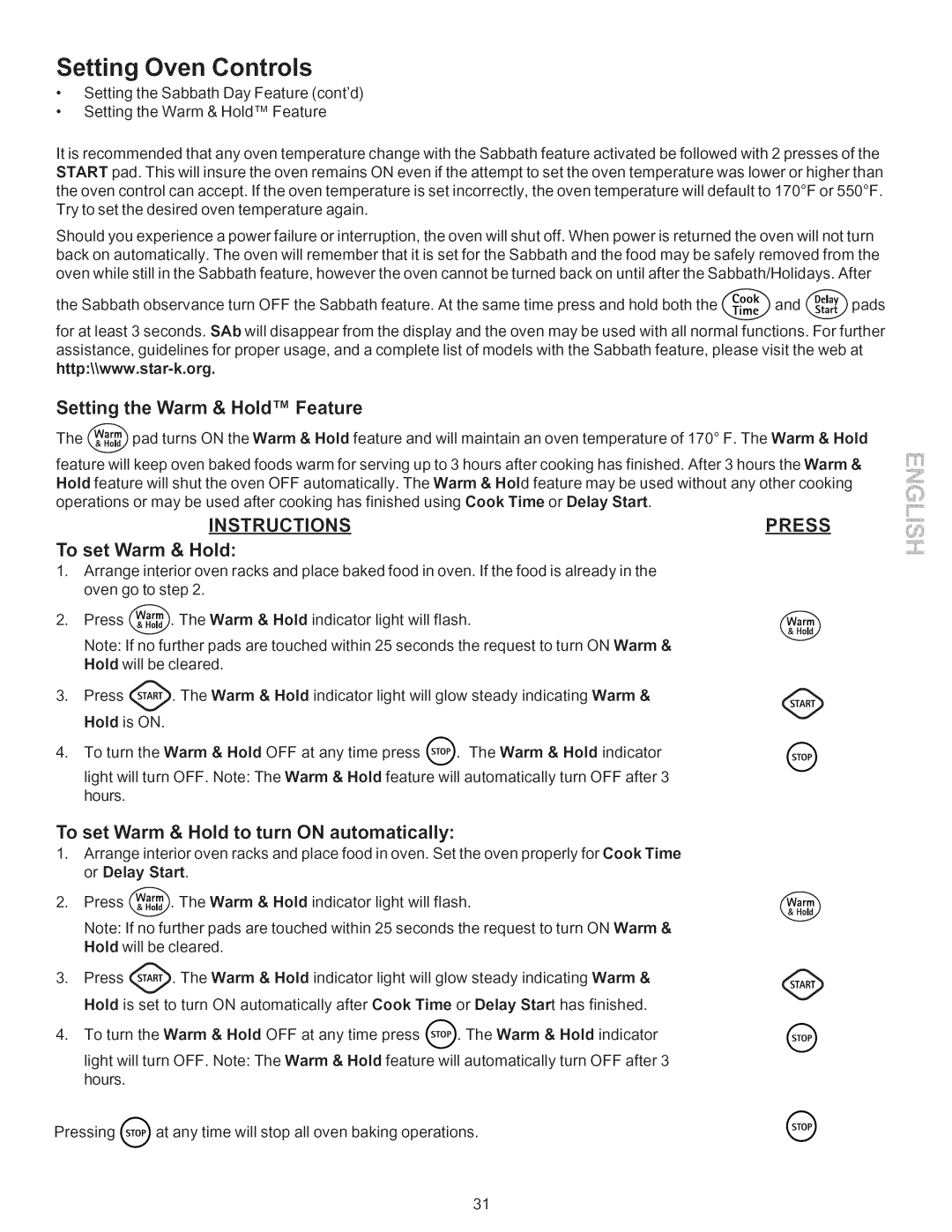 Kenmore 790.9662 manual Setting the Warm & Hold TM Feature, To set Warm & Hold to turn on automatically 