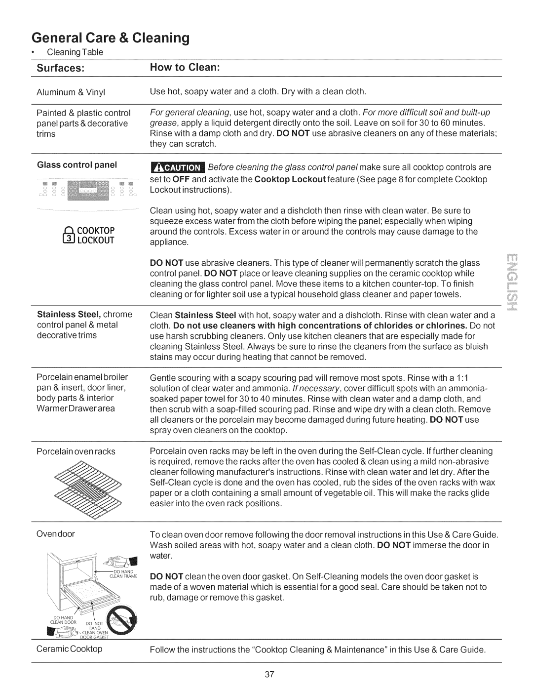 Kenmore 790.9662 manual General Care & Cleaning, Surfaces, How to Clean, Glass control panel 