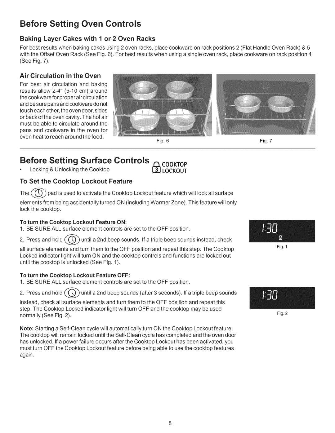 Kenmore 790.9662 manual Before Setting Surface Controls Cooktop, Baking Layer Cakes with 1 or 2 Oven Racks 