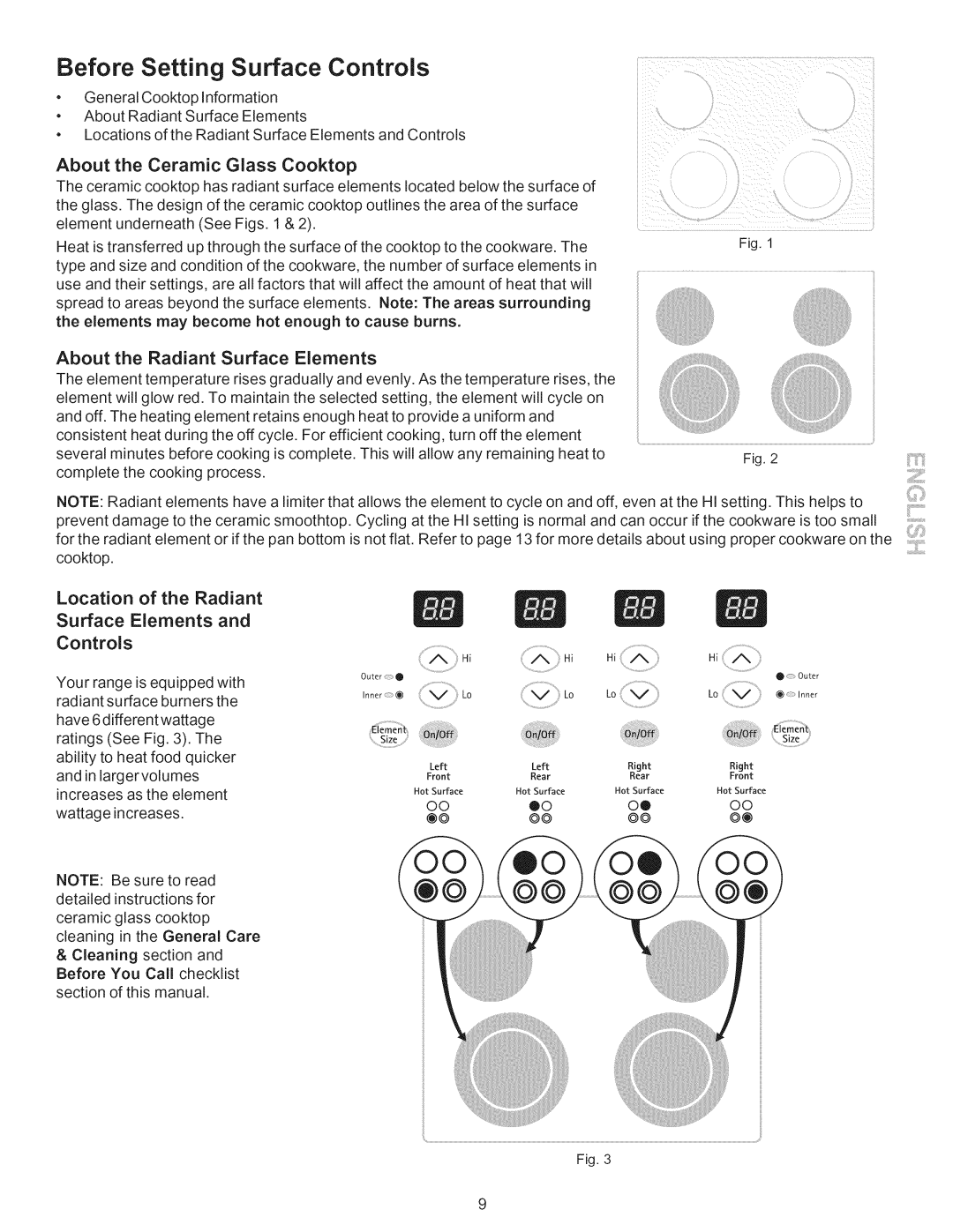 Kenmore 790.9662 manual Before Setting Surface Controls, About the Ceramic Glass Cooktop, Location of the Radiant 