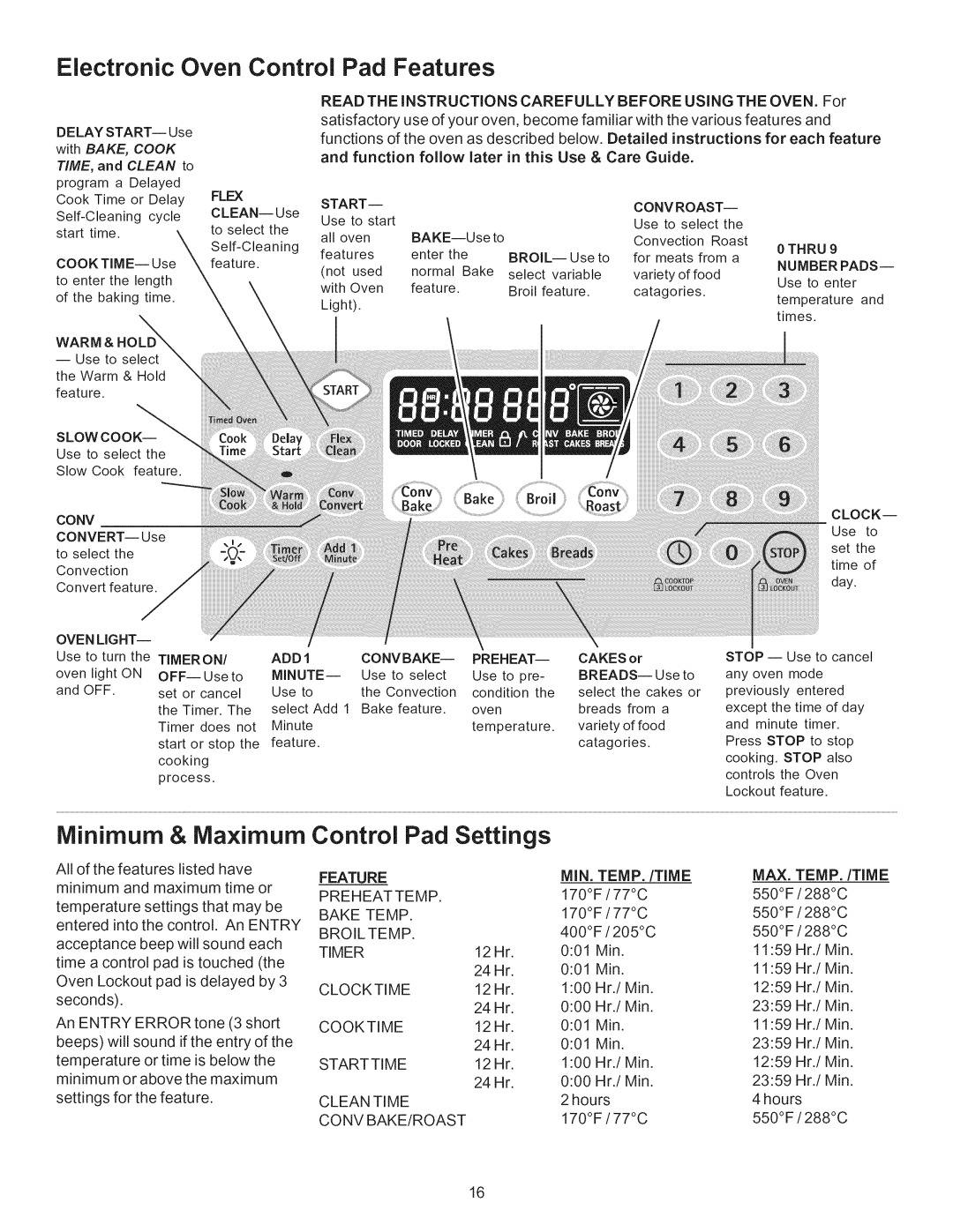 Kenmore 790.9662 Electronic Oven Control Pad Features, Minimum & Maximum, Pad Settings, Min. Temp./Time, Max. Temp./Time 