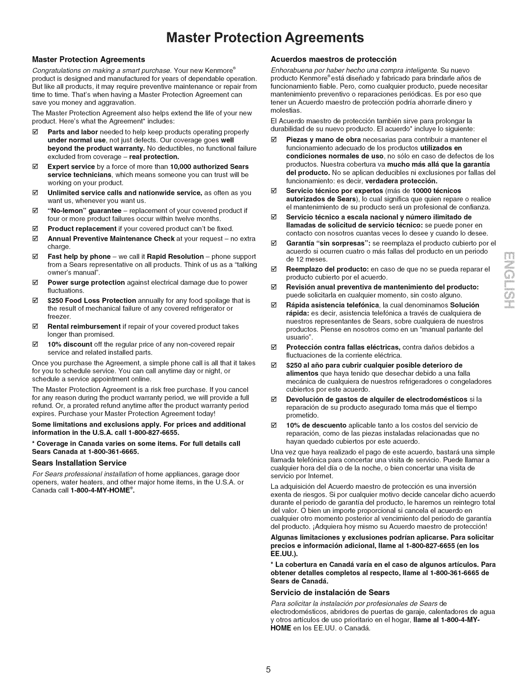 Kenmore 790.9662 manual Master Protection Agreements, Maintenance, Acuerdos maestros de proteccion 