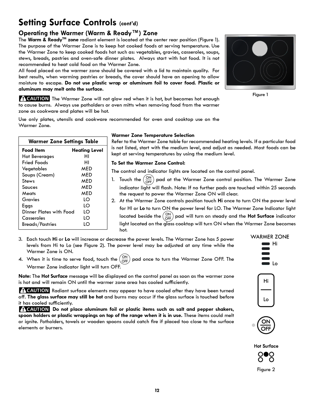 Kenmore 790.9751 manual Operating the Warmer Warm & Ready Zone, Warmer Zone Settings Table, Food Item 