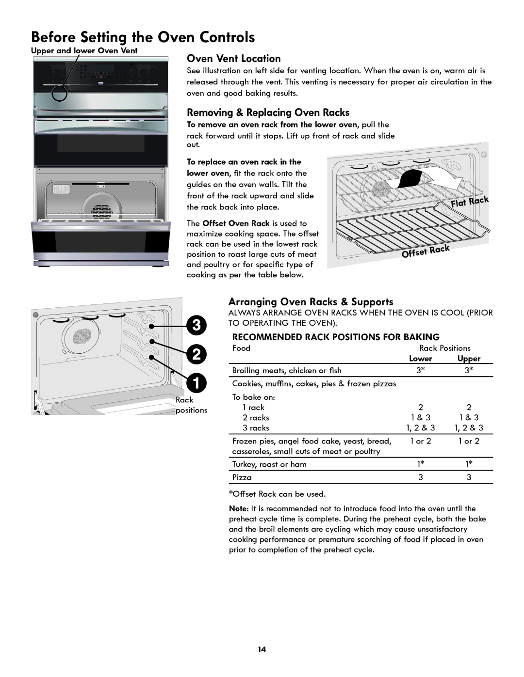 Kenmore 790.9751 manual Oven Vent Location, Removing & Replacing Oven Racks, Arranging Oven Racks & Supports, Flat 