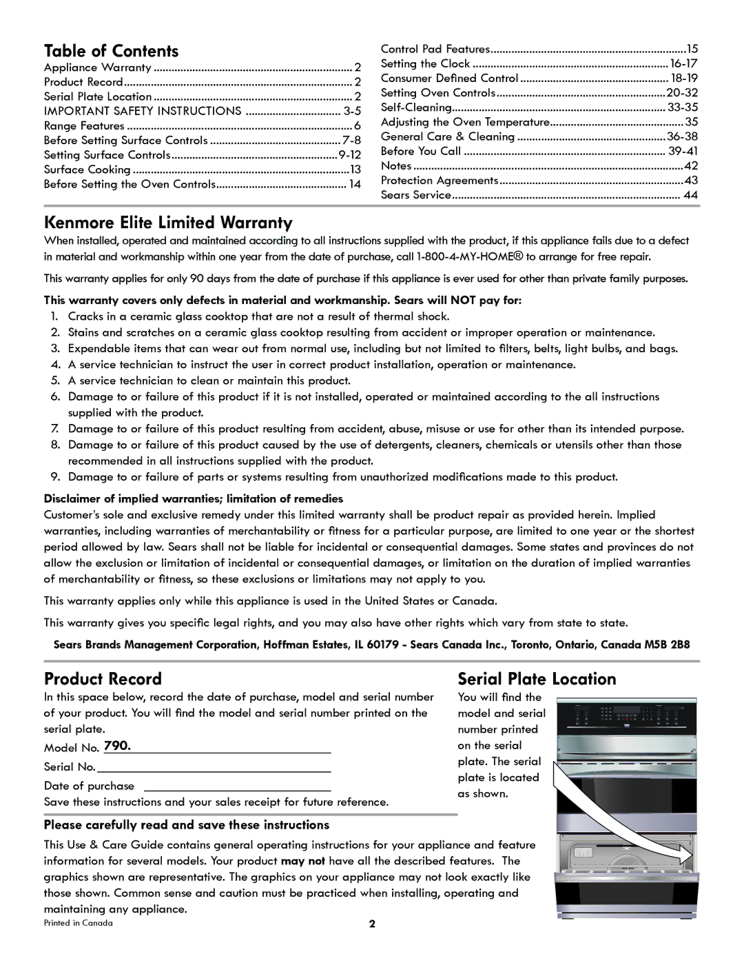 Kenmore 790.9751 manual Table of Contents 