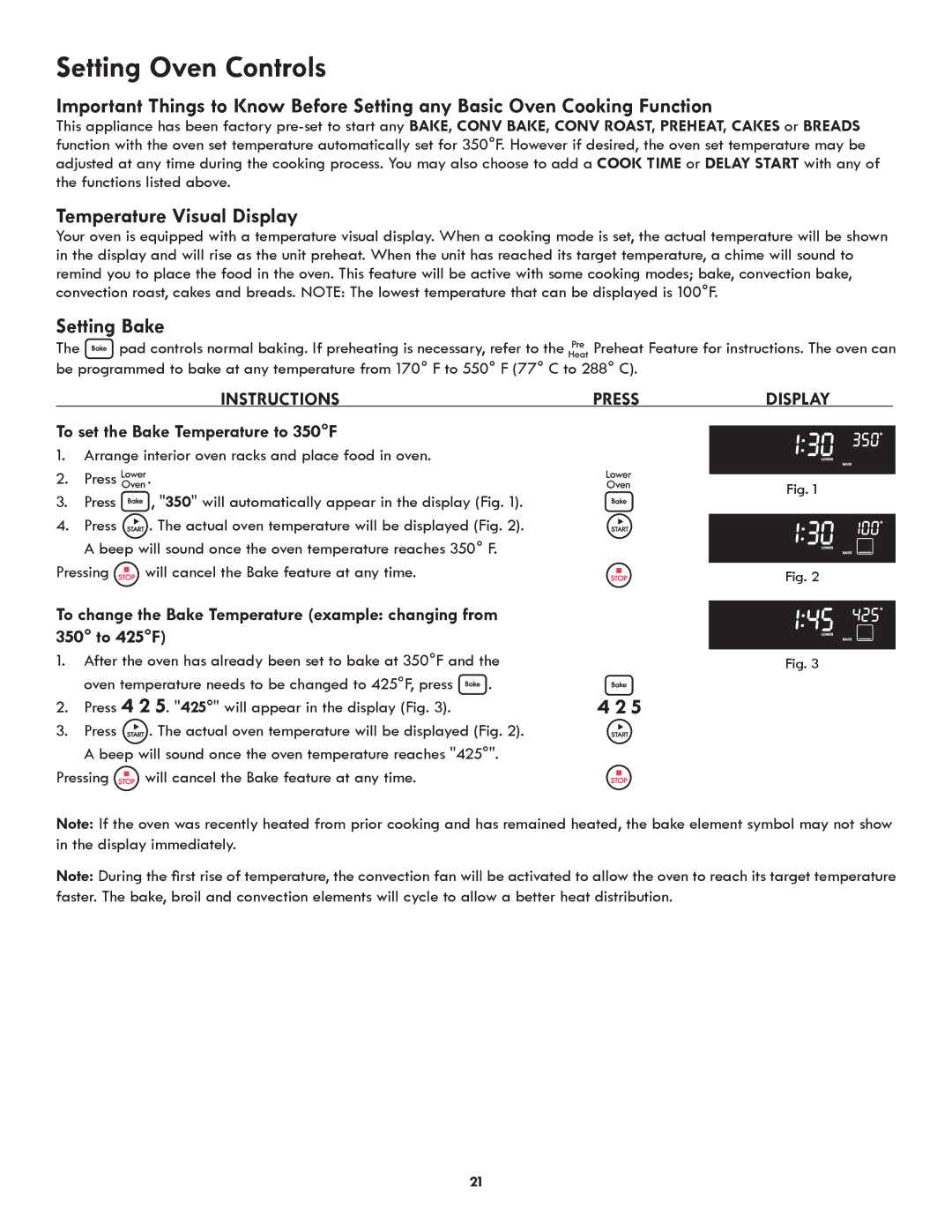 Kenmore 790.9751 manual Temperature Visual Display, Setting Bake, To set the Bake Temperature to 350F 