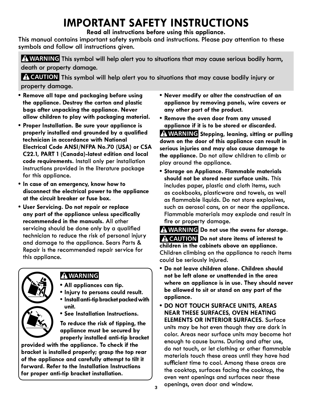 Kenmore 790.9751 manual Death or property damage, Property damage, To reduce the risk of tipping 